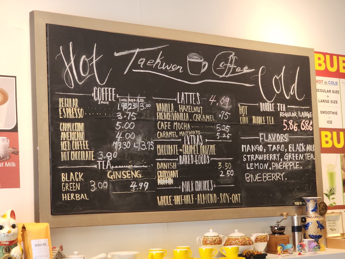 Taekwon Coffee menu board