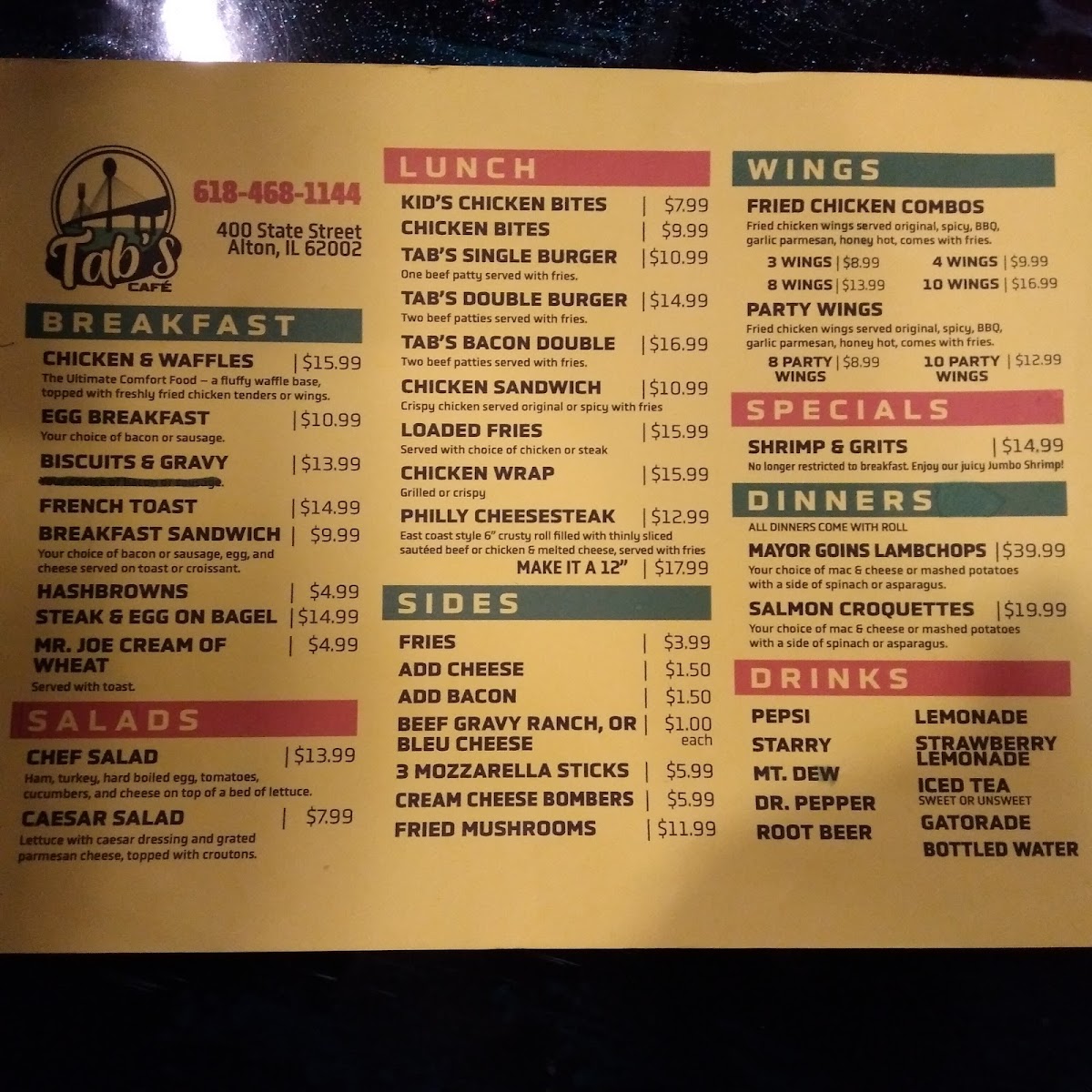 Tab's Cafe menu board