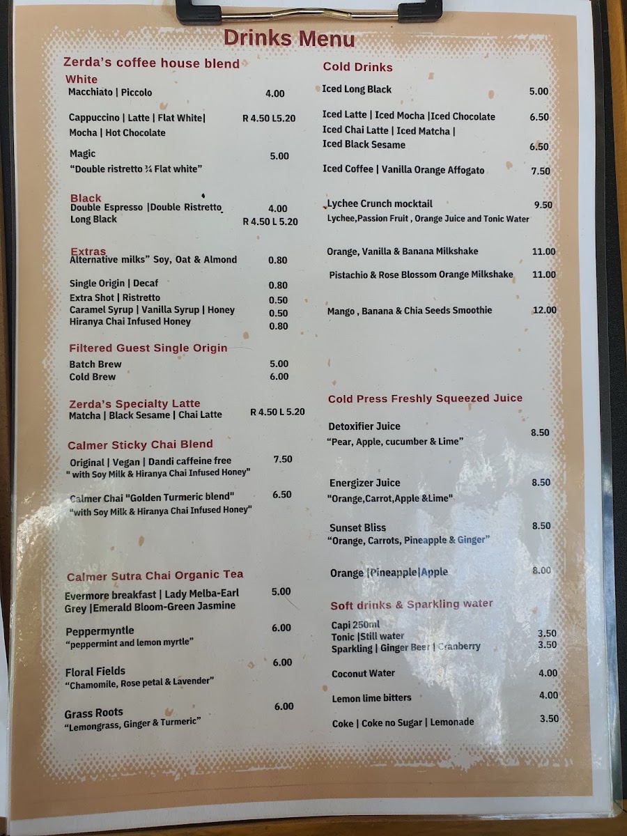 Zerda’s Cafe menu board