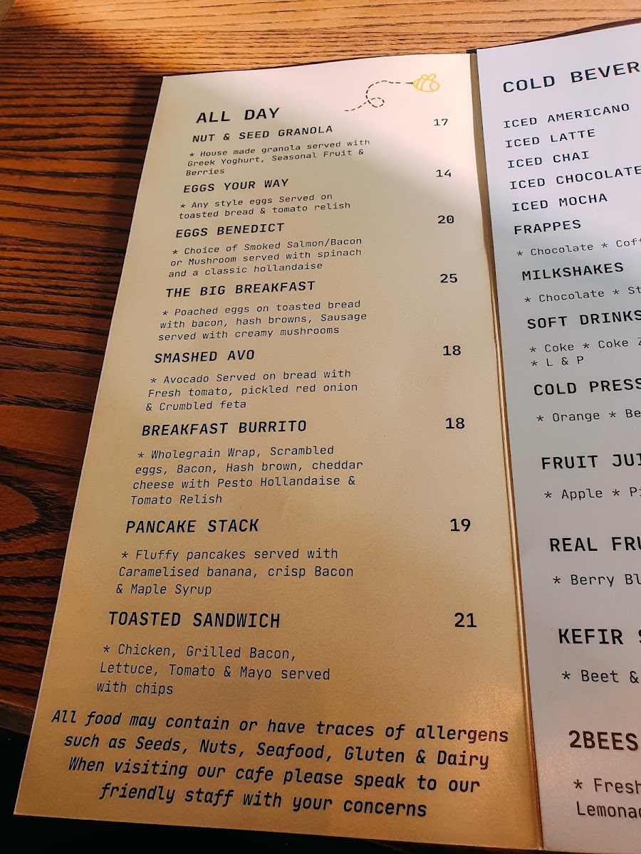 2BEES Cafe menu board