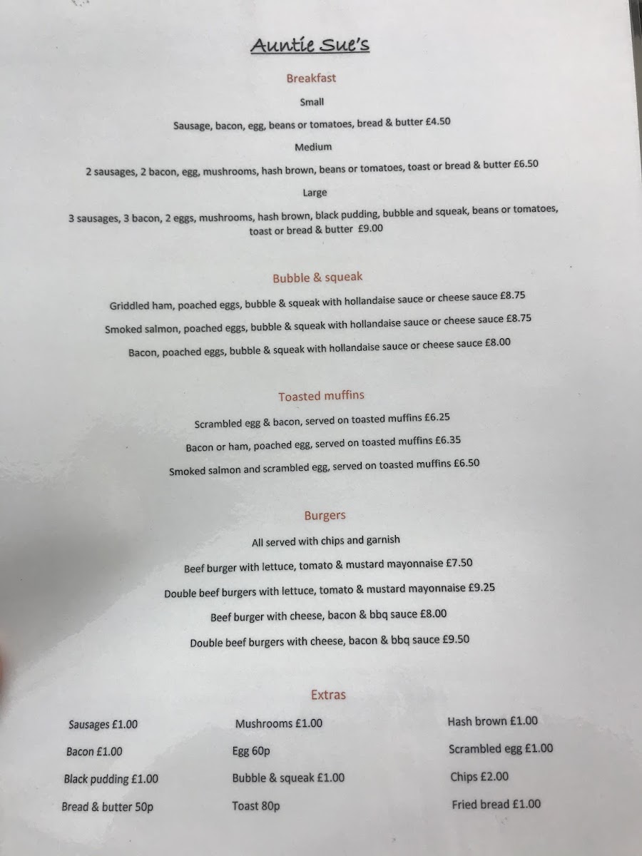 Auntie Sue's Cafe menu board