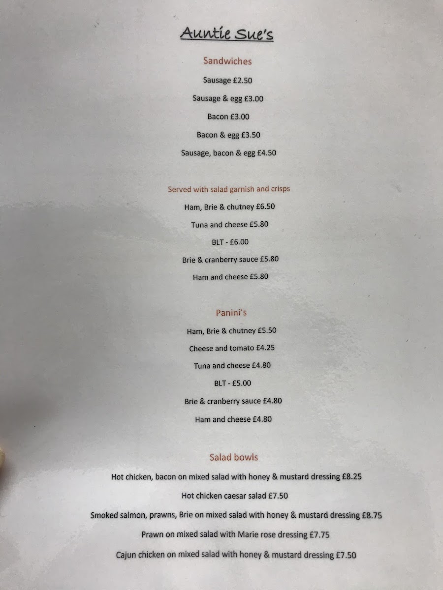 Auntie Sue's Cafe menu board