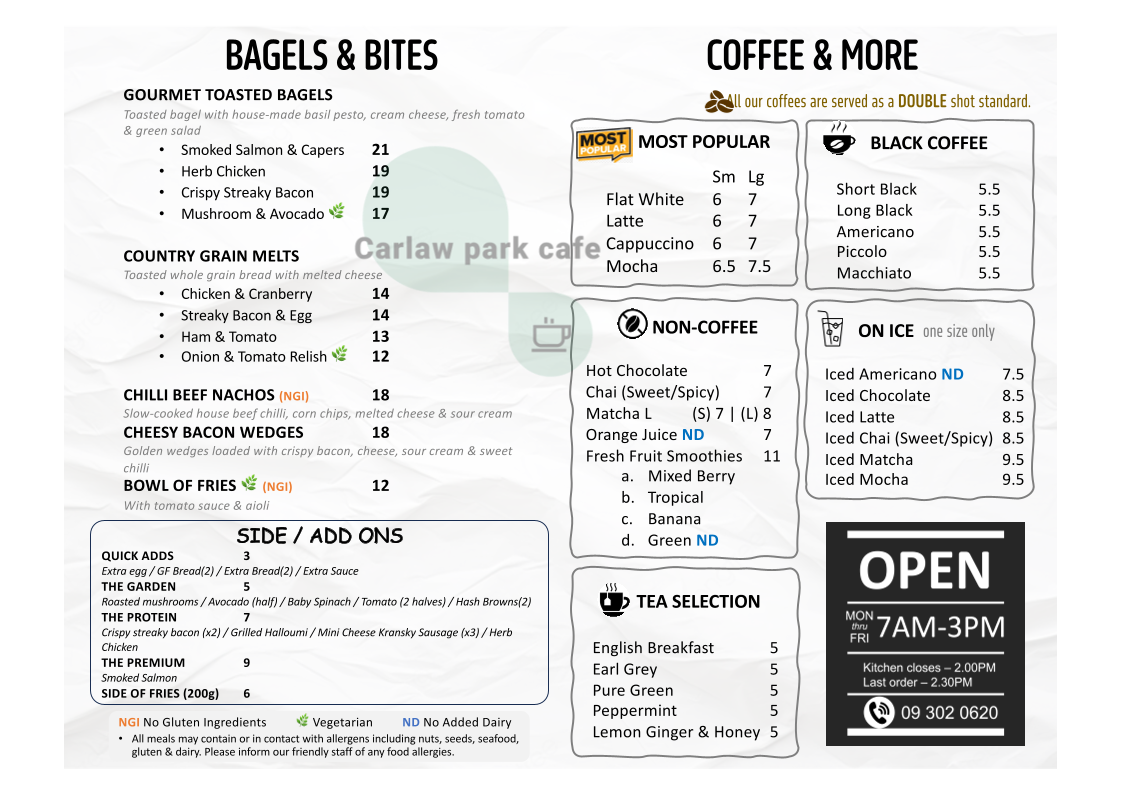 Carlaw Park Cafe menu board