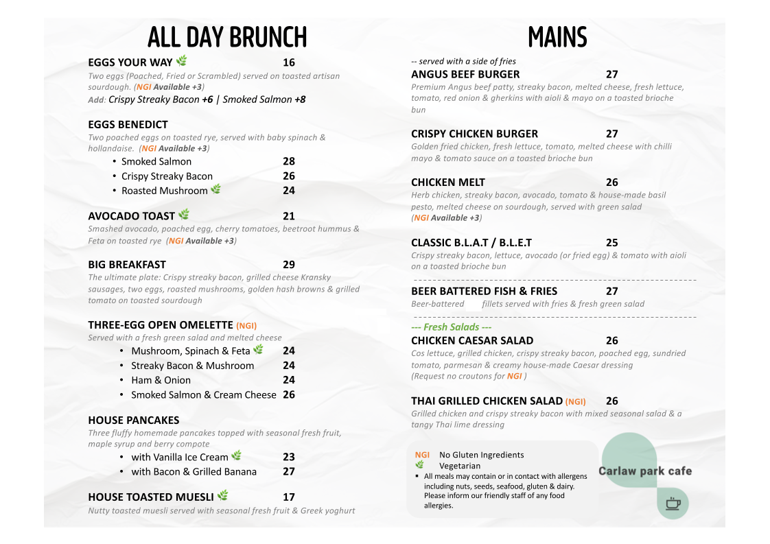 Carlaw Park Cafe menu board