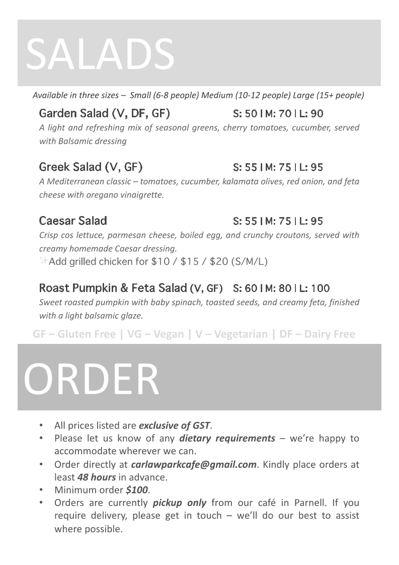 Carlaw Park Cafe menu board
