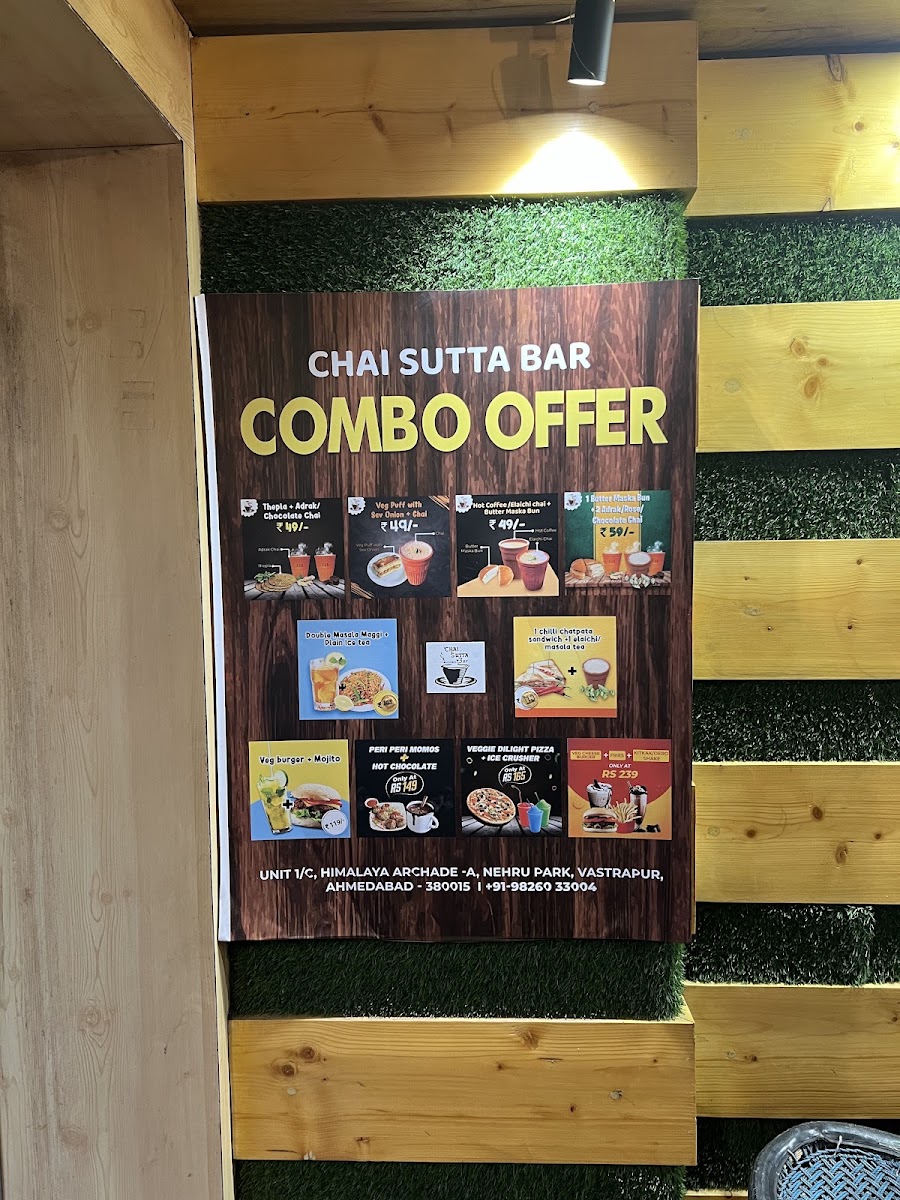 Chai Sutta Bar, Vastrapur menu board