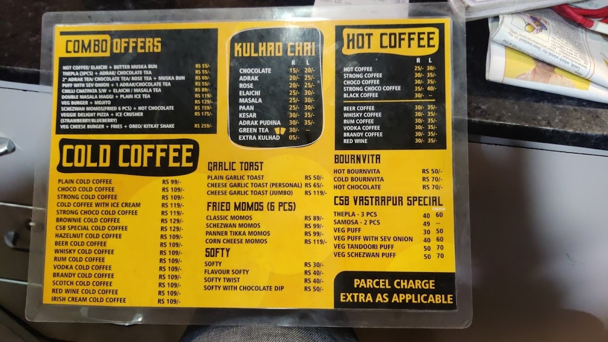 Chai Sutta Bar, Vastrapur menu board