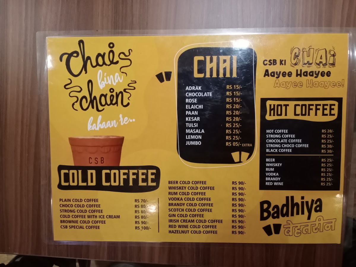 Chai Sutta Bar, Vastrapur menu board