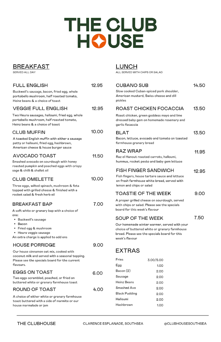 The Club House menu board