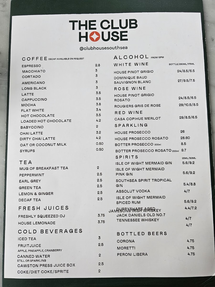 The Club House menu board