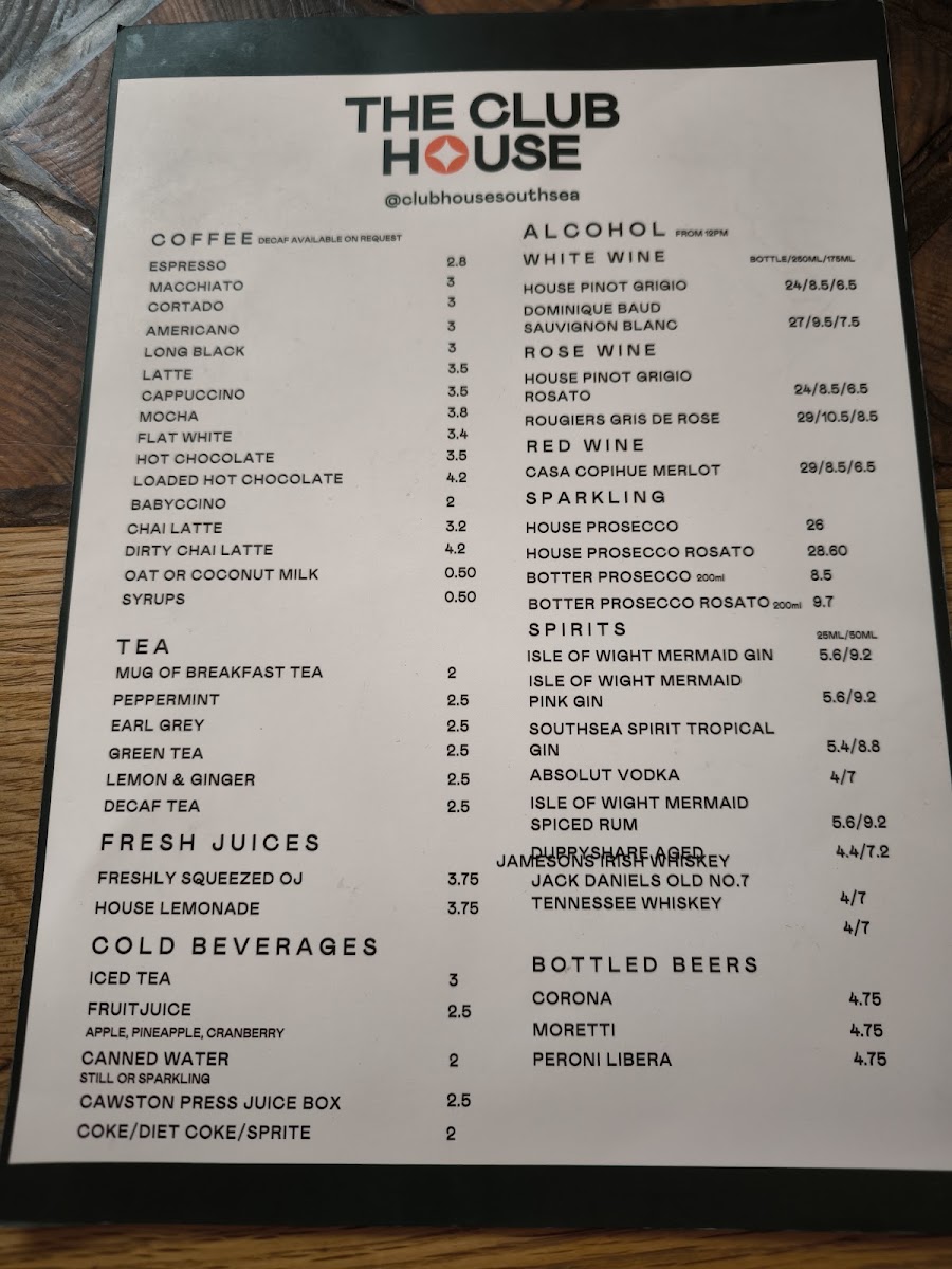 The Club House menu board