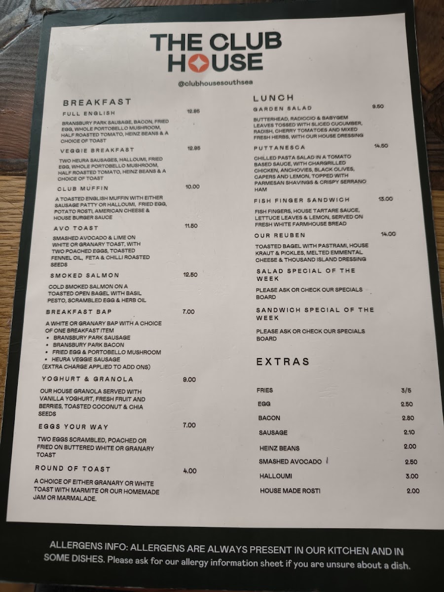 The Club House menu board