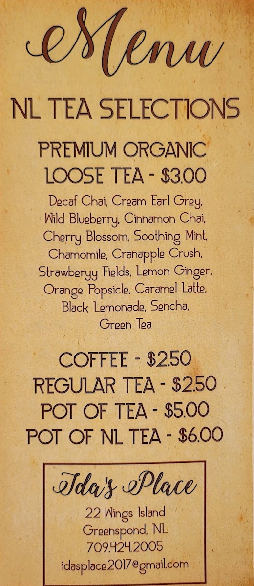Ida's Place menu board