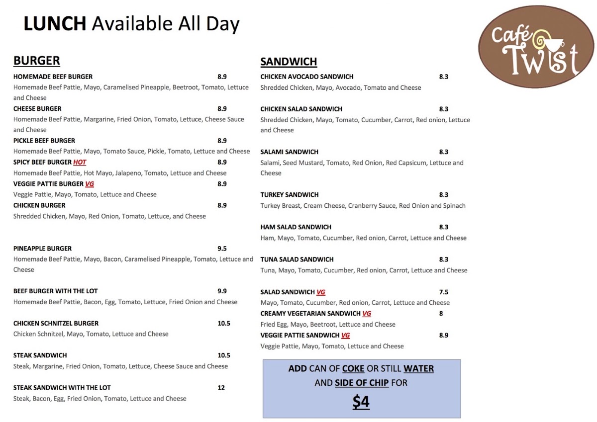 Cafe Twist menu board