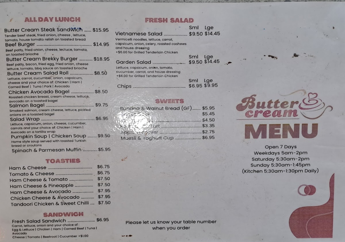 Butter Cream menu board