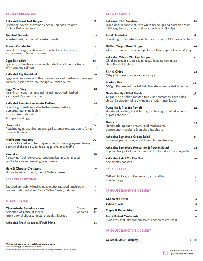 Artisaint Cafe menu board