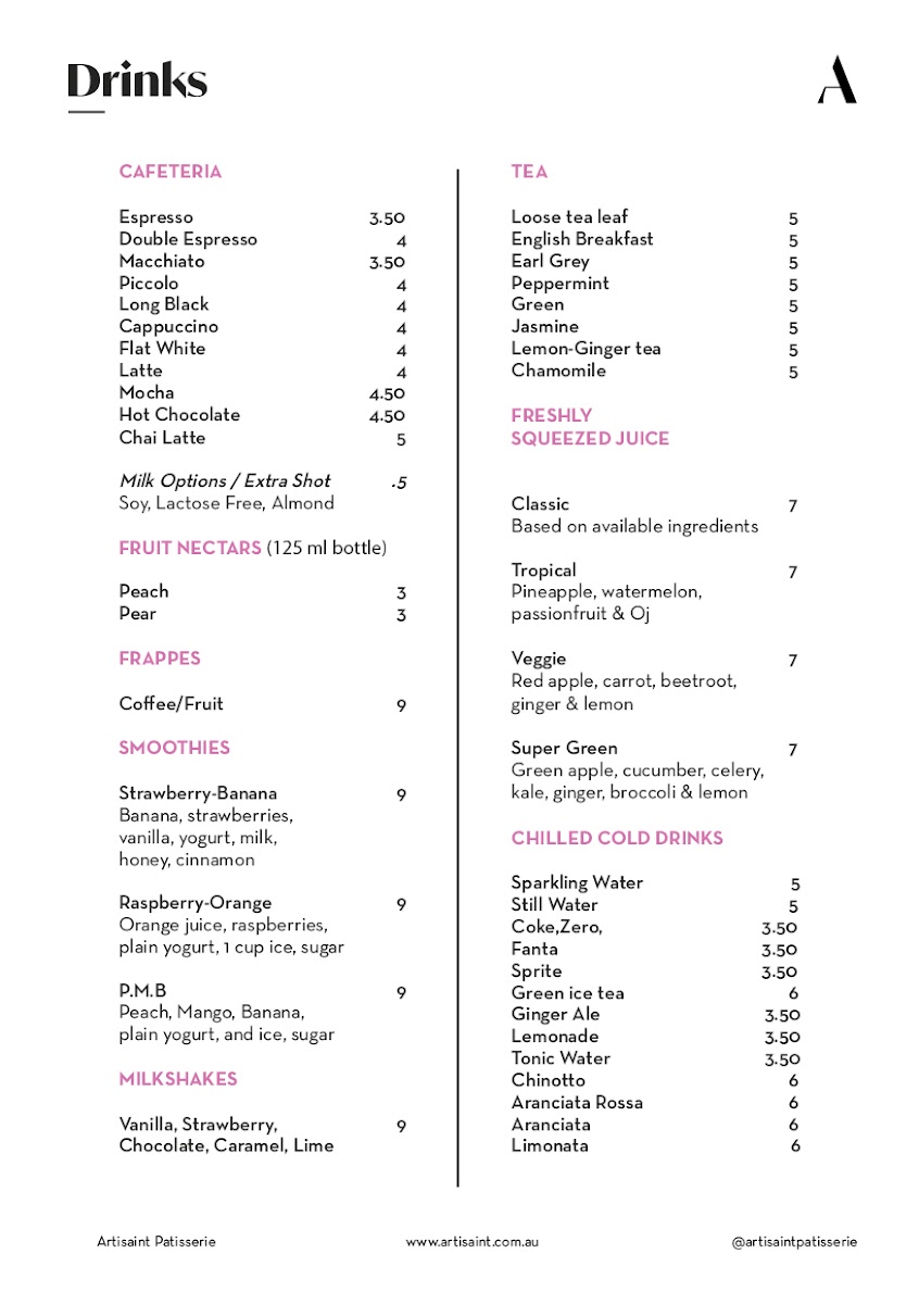 Artisaint Cafe menu board