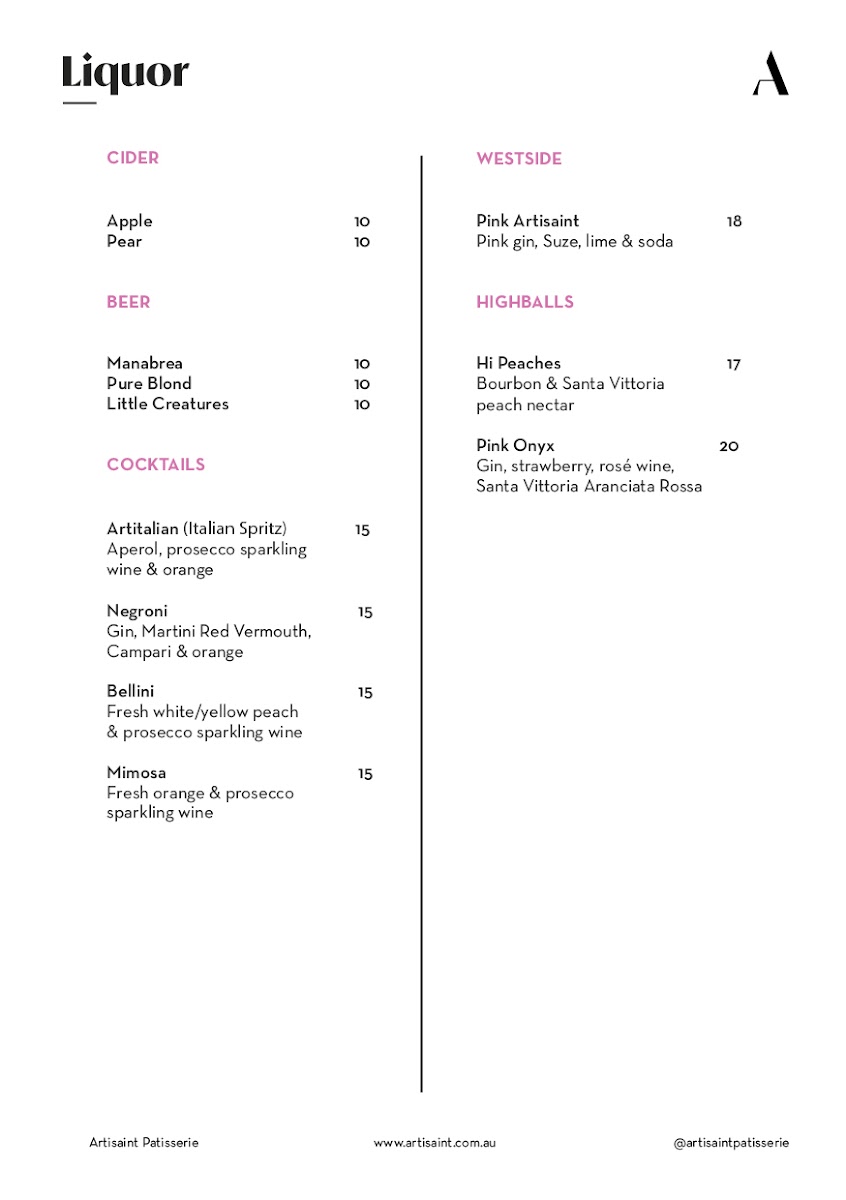 Artisaint Cafe menu board