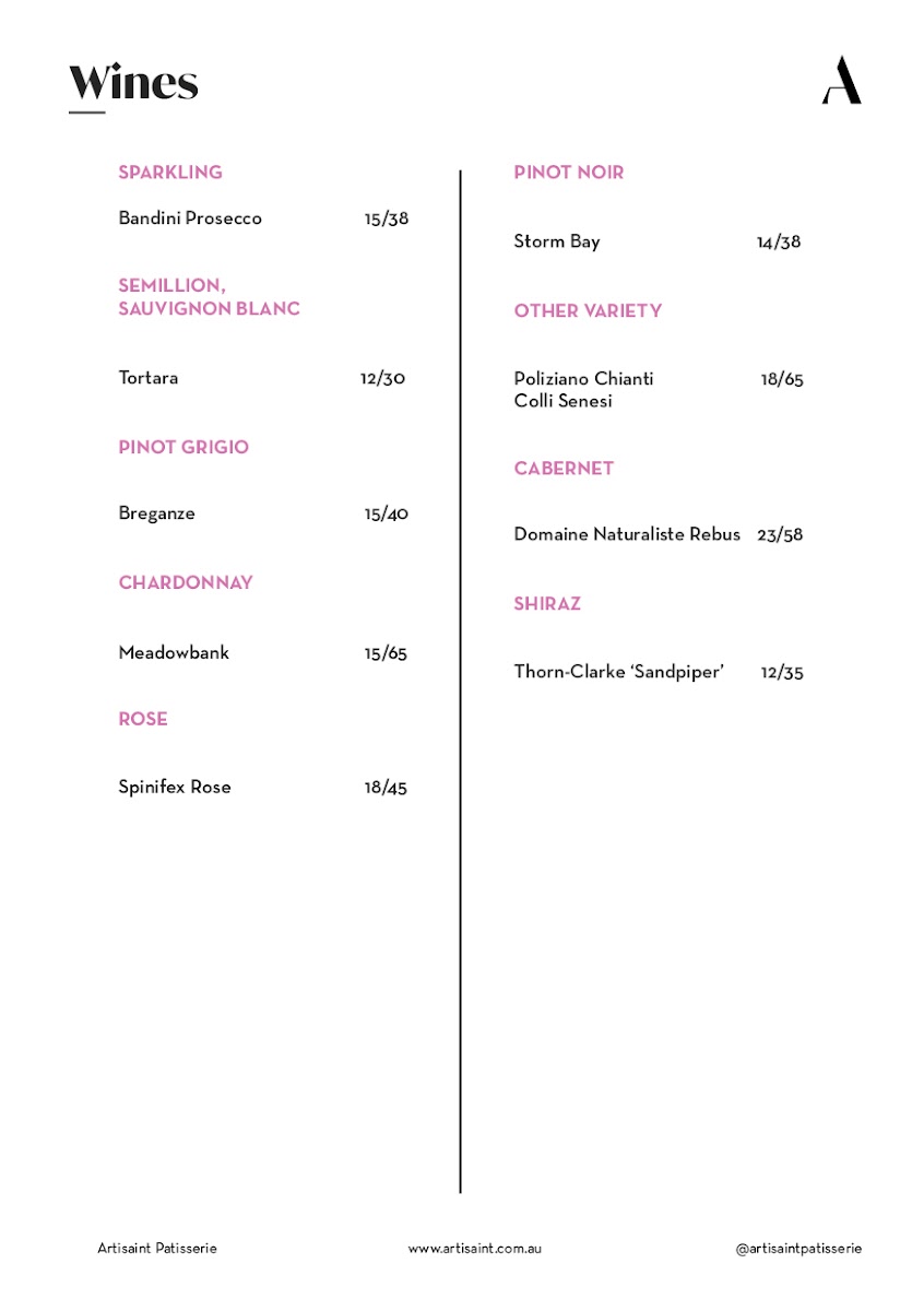 Artisaint Cafe menu board