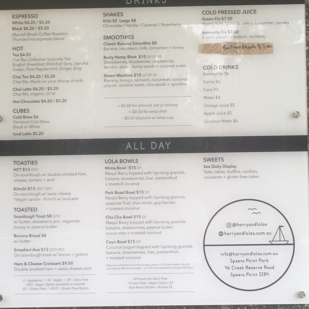 Harry and Lola's menu board