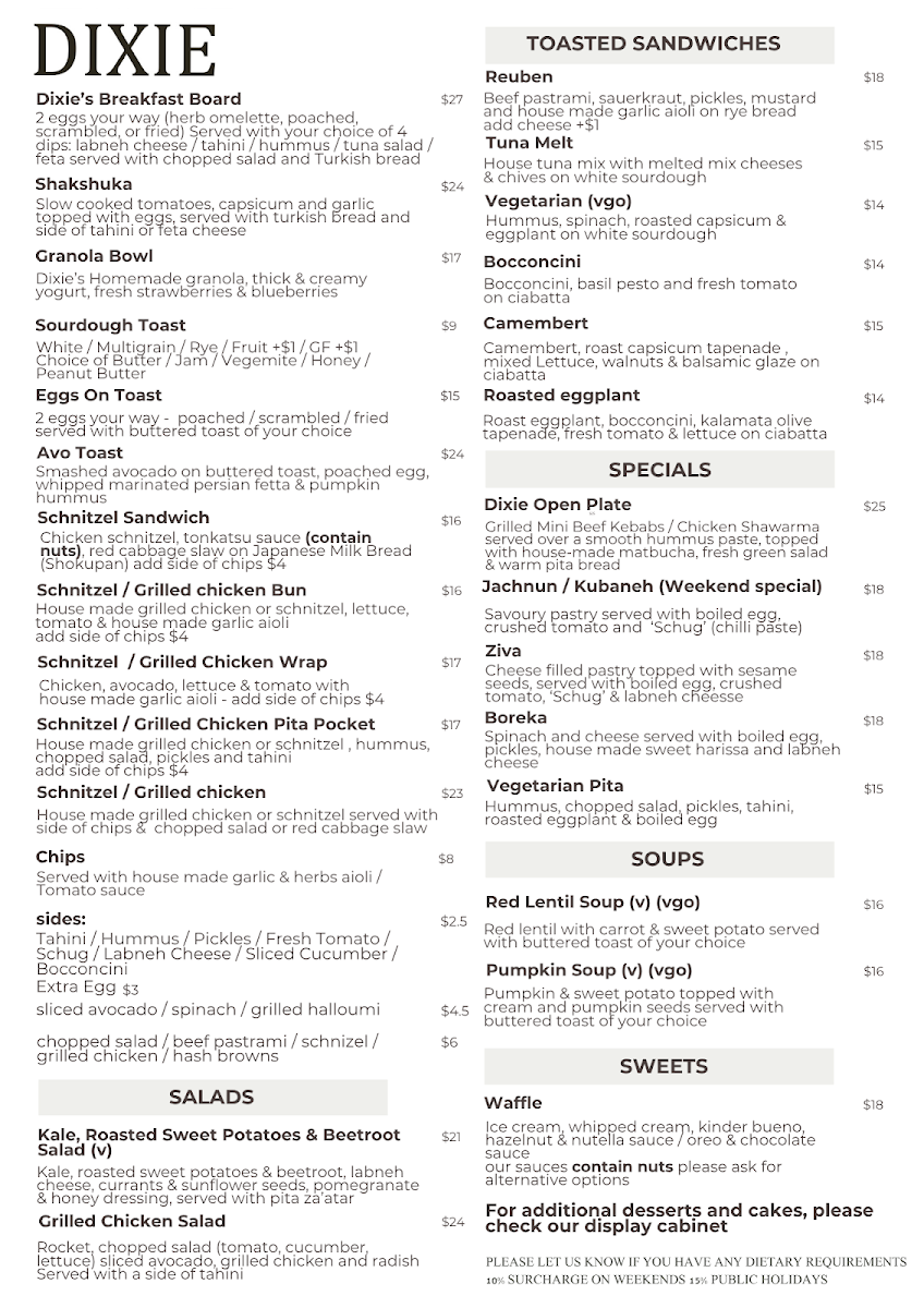 Dixie Bakery Cafe menu board