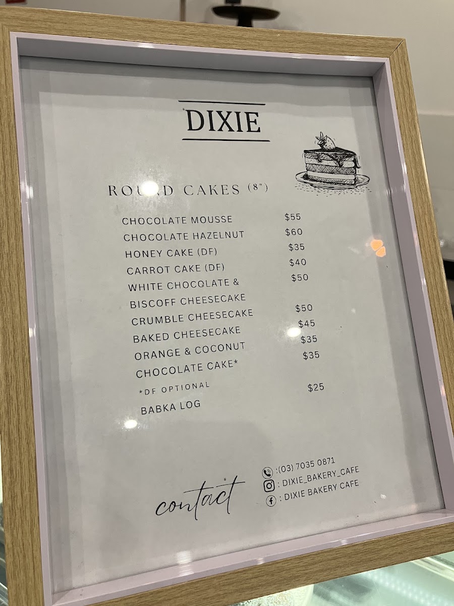 Dixie Bakery Cafe menu board