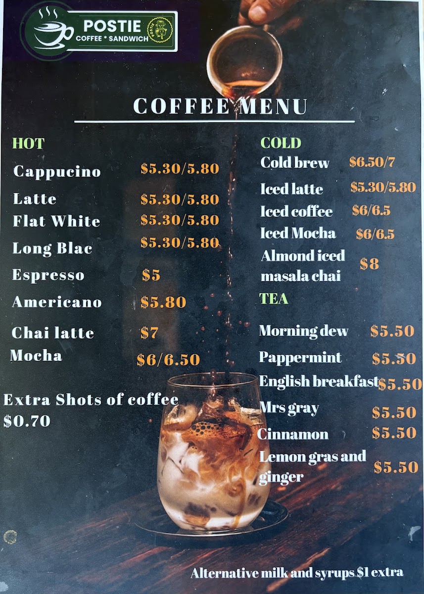 Postie Coffee menu board
