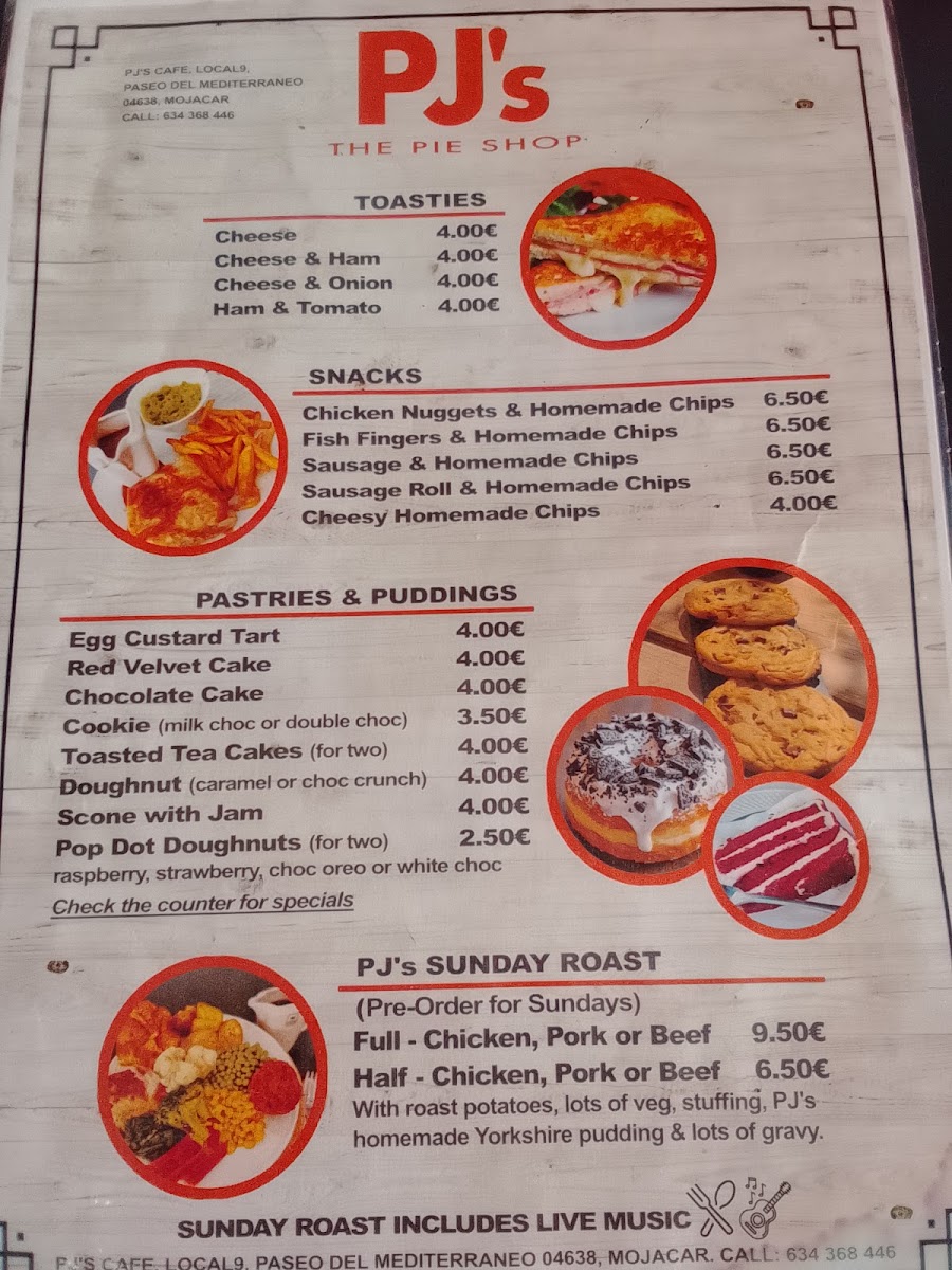 PJ's The Pie Shop menu board