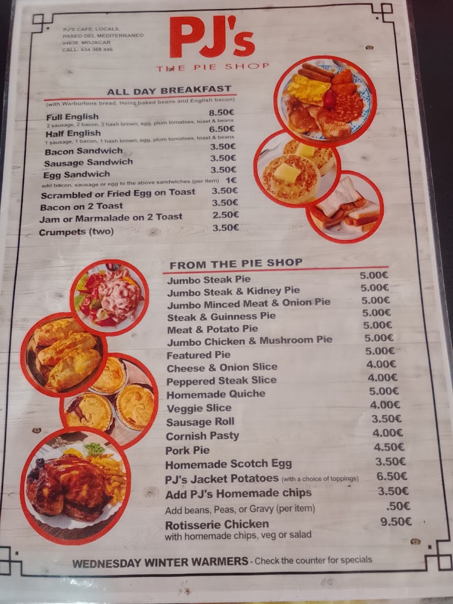 PJ's The Pie Shop menu board
