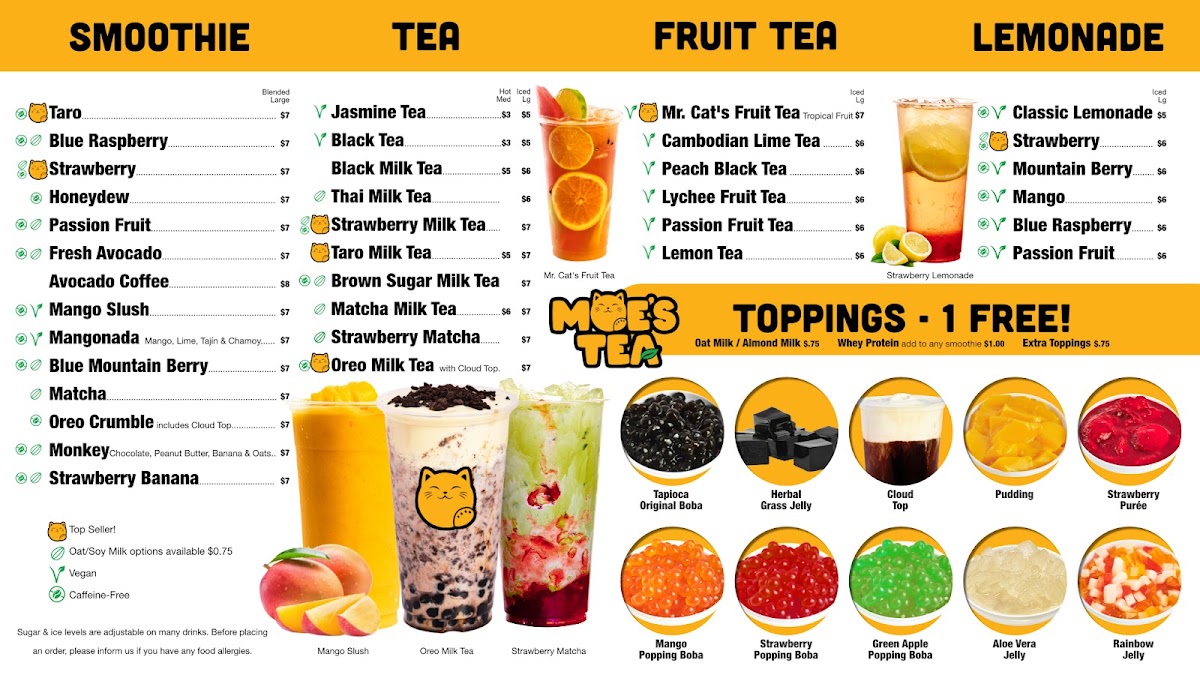 MOE'S TEA - Boba, Espresso, Drive-Thru & MORE! menu board