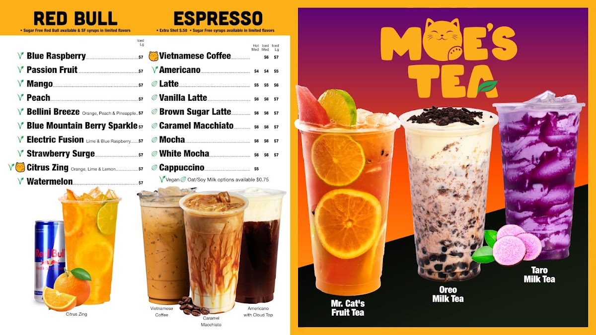 MOE'S TEA - Boba, Espresso, Drive-Thru & MORE! menu board