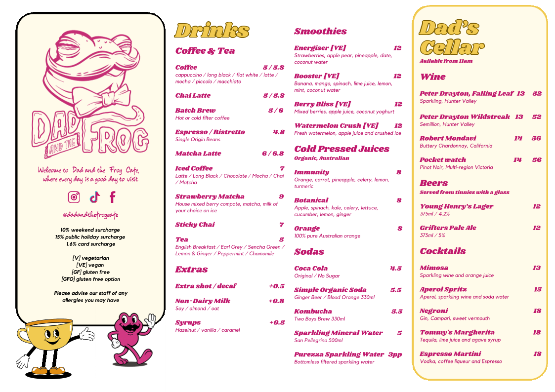 Dad and the Frog Café menu board