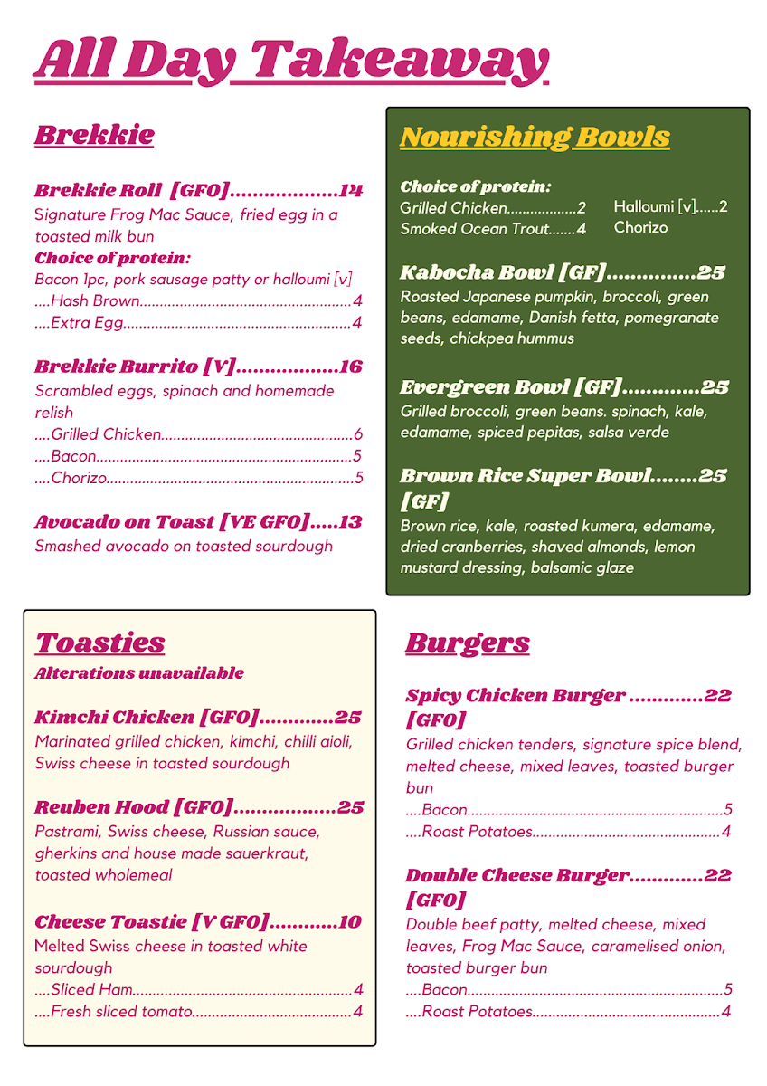 Dad and the Frog Café menu board