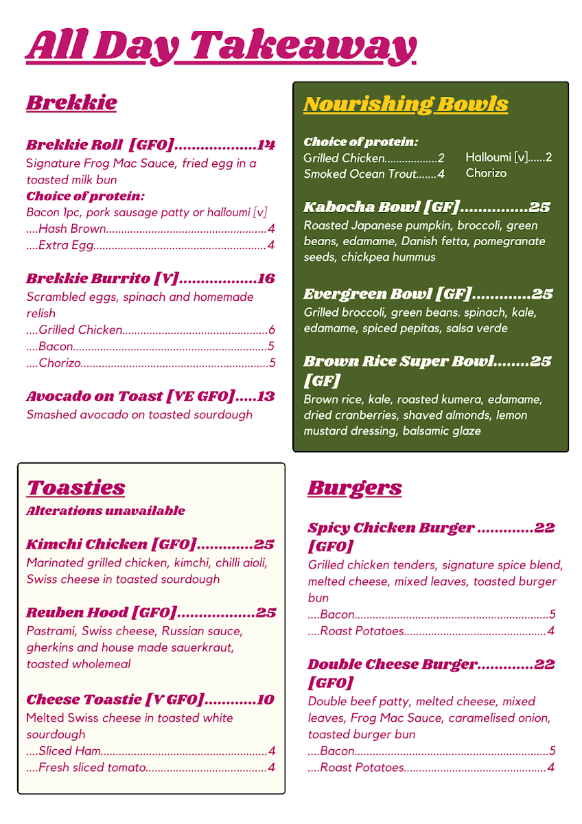 Dad and the Frog Café menu board