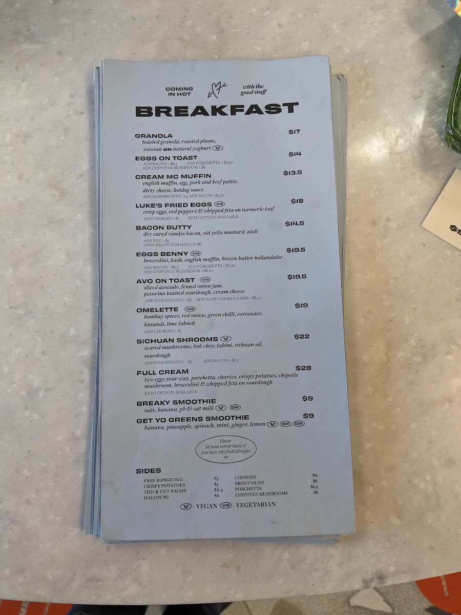 Cream Eatery menu board