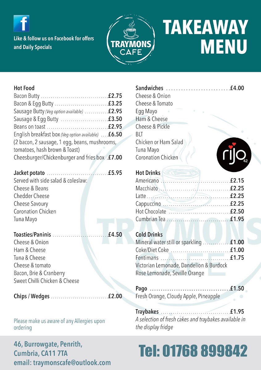 Traymons Cafe menu board