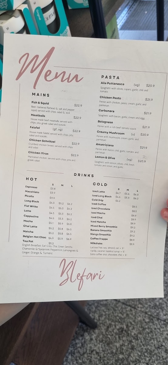 Blefari Caffe & Cucina menu board