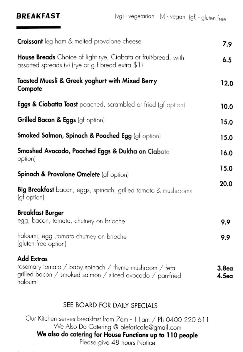 Blefari Caffe & Cucina menu board