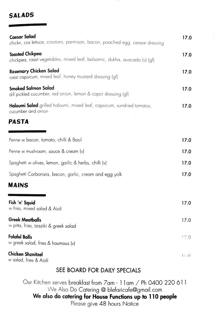Blefari Caffe & Cucina menu board