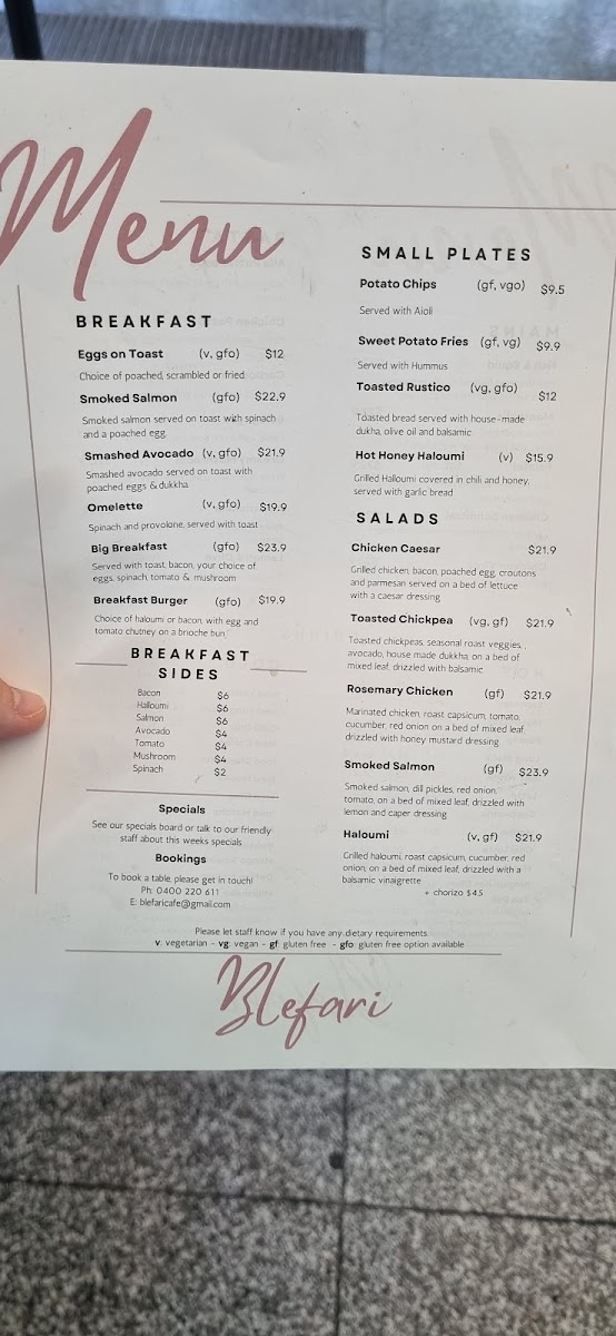 Blefari Caffe & Cucina menu board