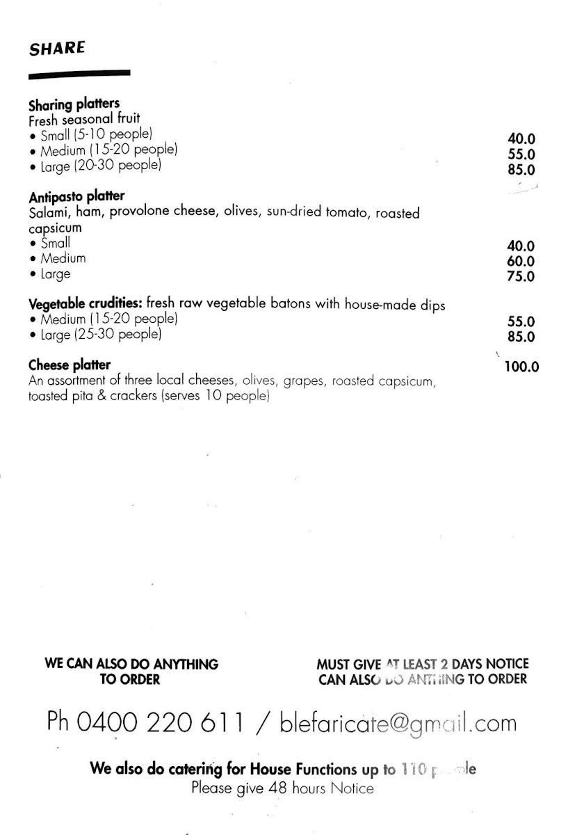 Blefari Caffe & Cucina menu board