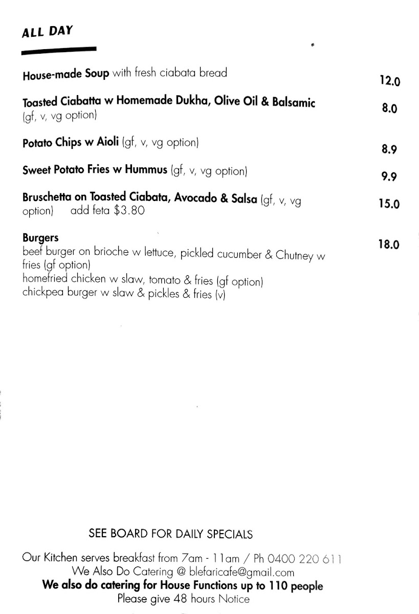 Blefari Caffe & Cucina menu board
