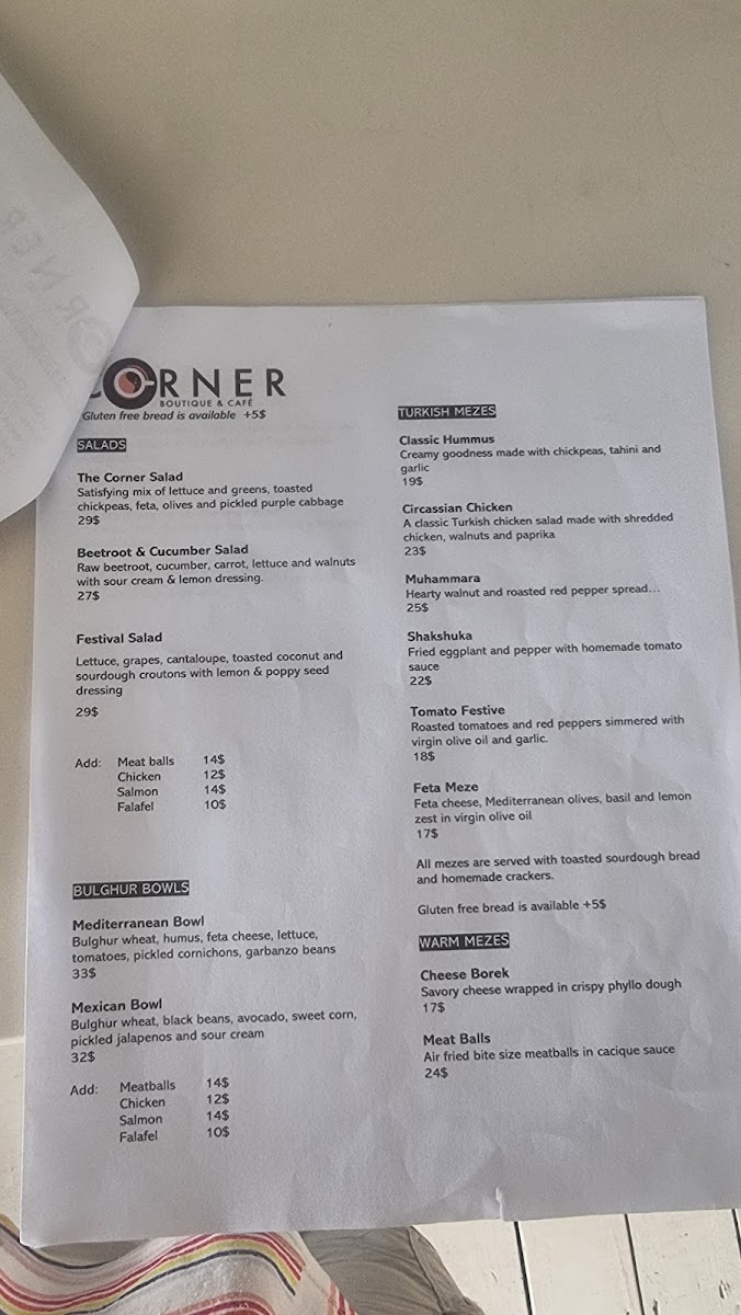 The Corner Boutique and Café menu board