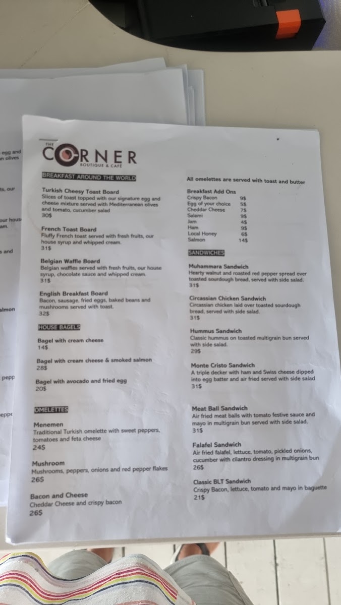 The Corner Boutique and Café menu board