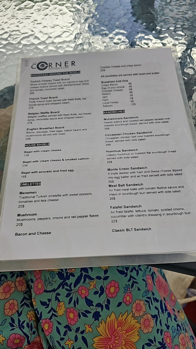 The Corner Boutique and Café menu board