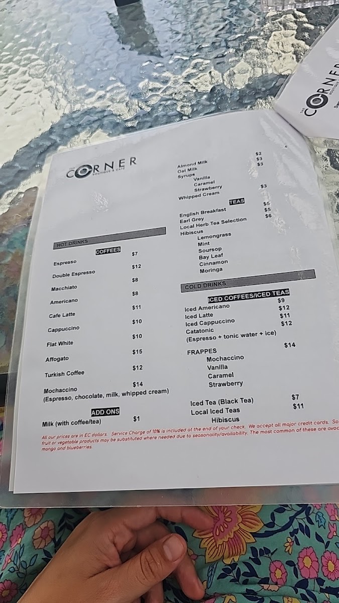 The Corner Boutique and Café menu board