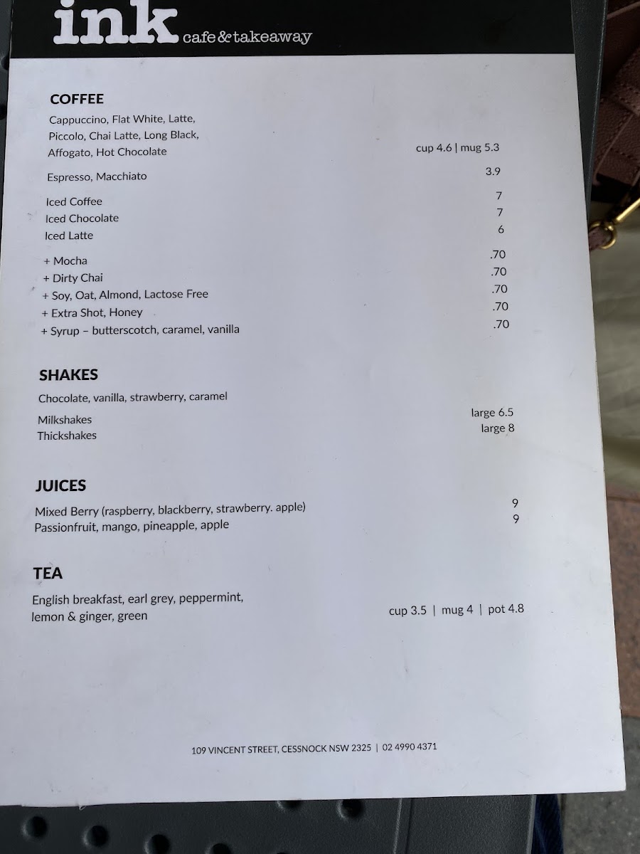 INK Cafe & Takeaway menu board