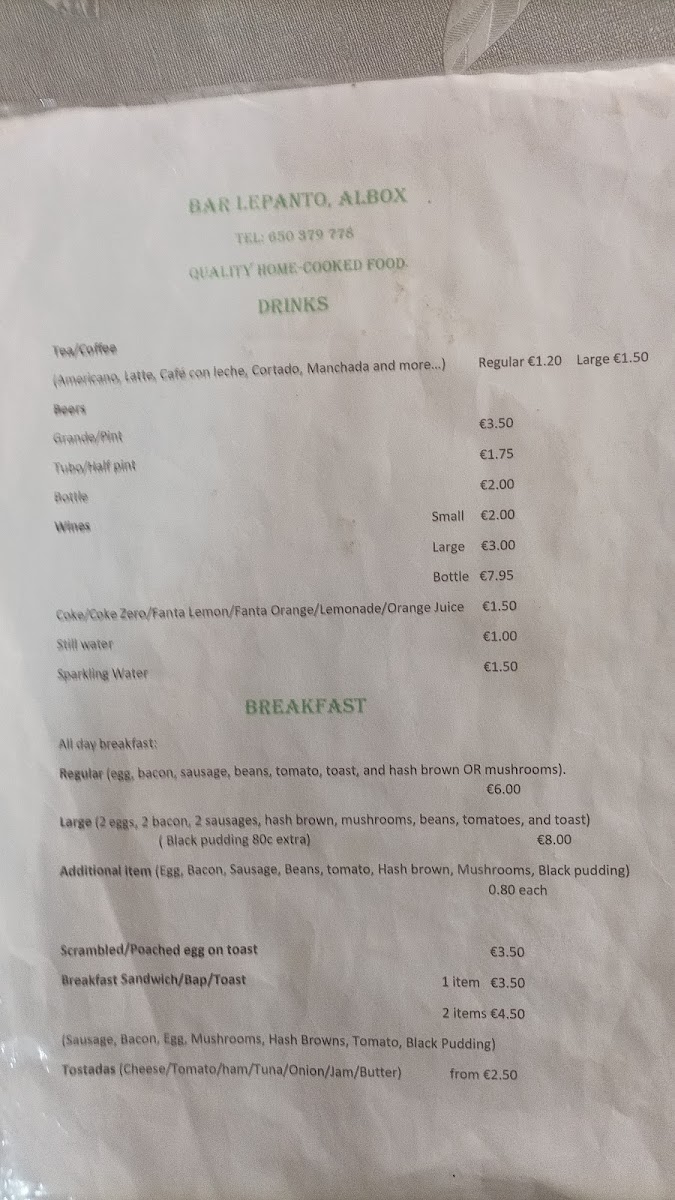 Bar Lepanto menu board
