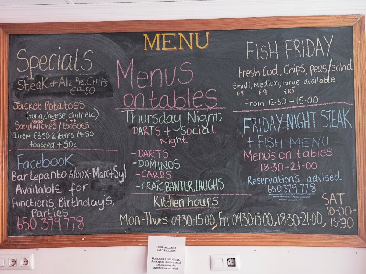Bar Lepanto menu board