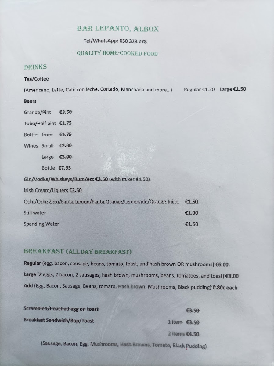 Bar Lepanto menu board